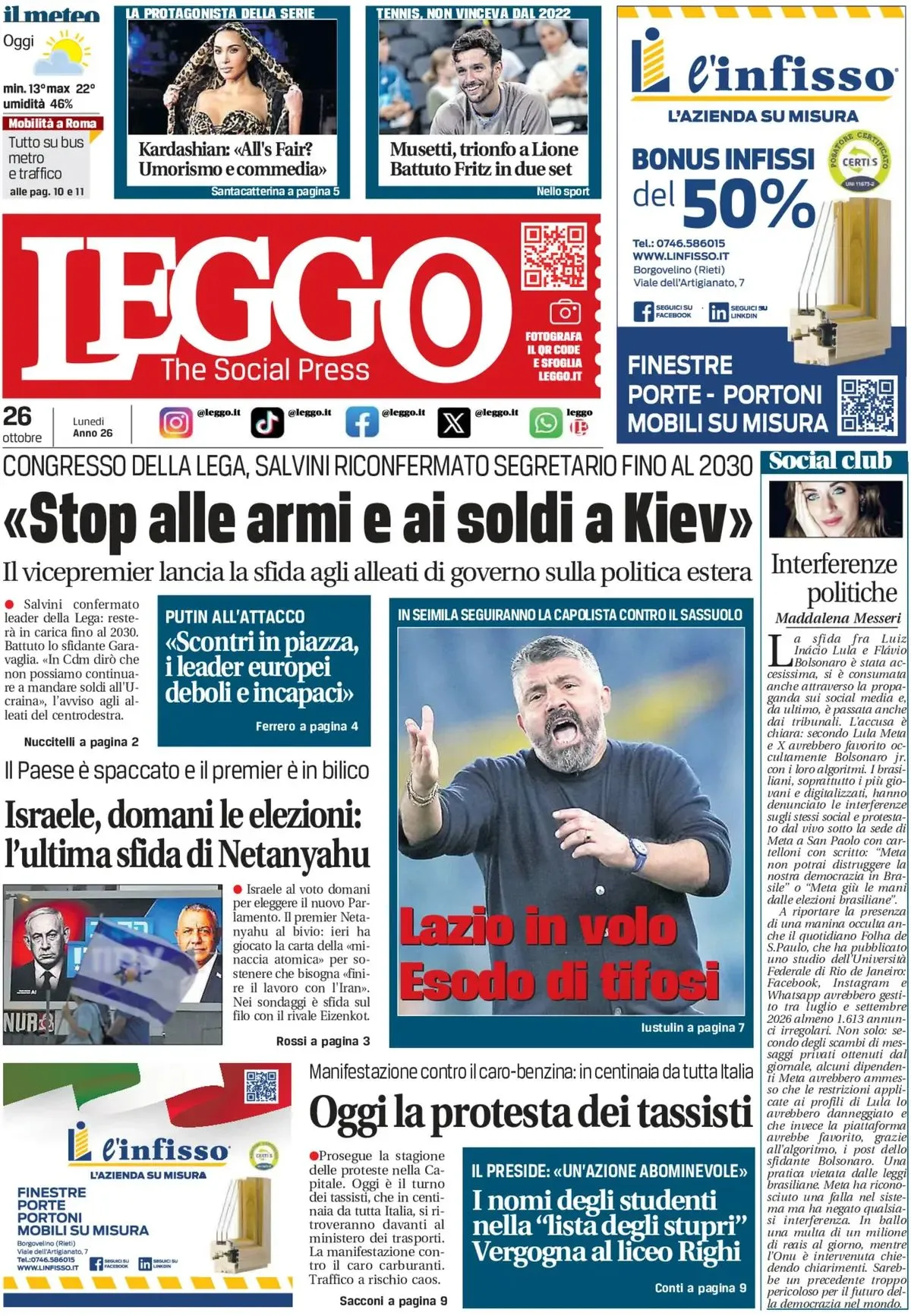 Prima-pagina-leggo-edizione-di-oggi-26-10-2026