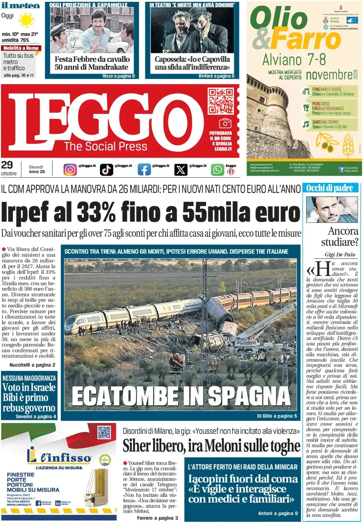 Prima-pagina-leggo-edizione-di-oggi-29-10-2026