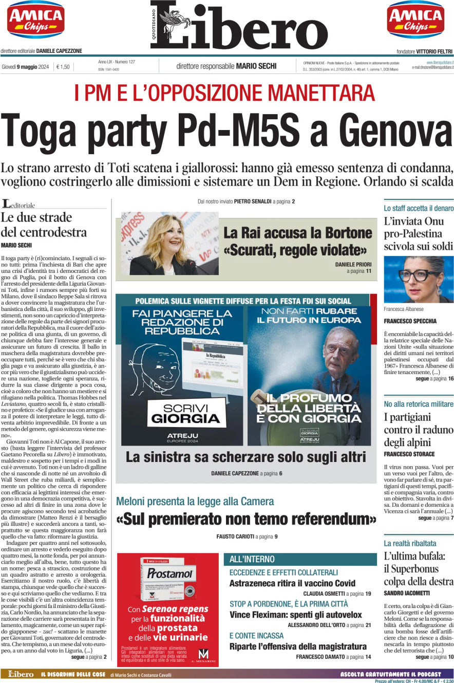 Prima-pagina-libero-edizione-di-oggi-09-05-2024