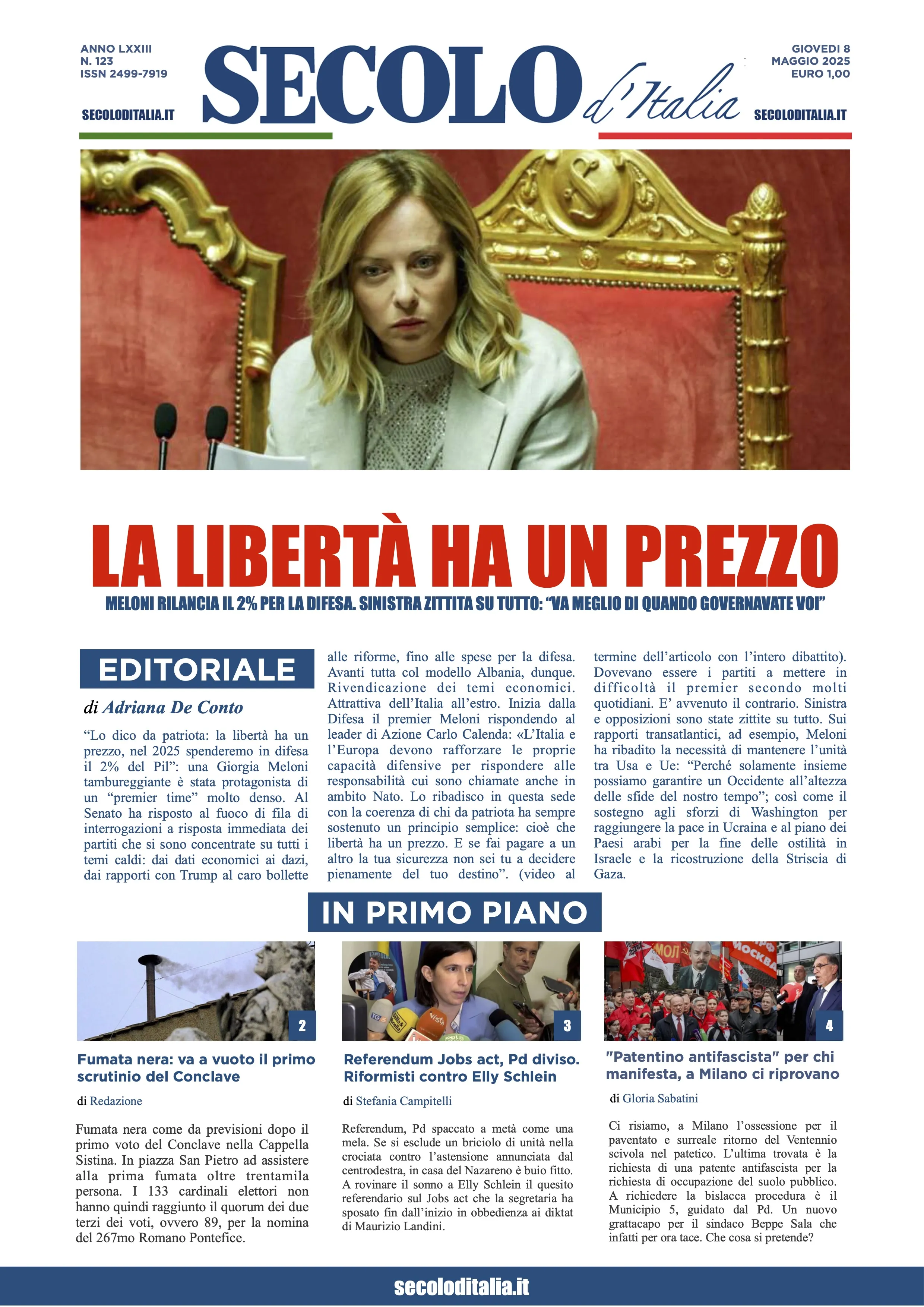 Prima-pagina-secolo-italia-oggi-edizione-di-oggi-08-05-2025