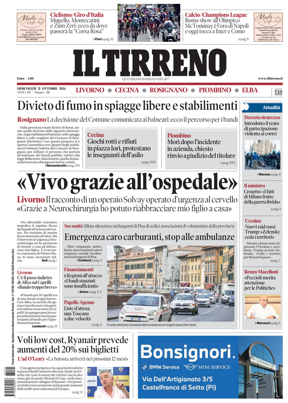 Prima-pagina-tirreno-edizione-di-oggi-21-10-2026