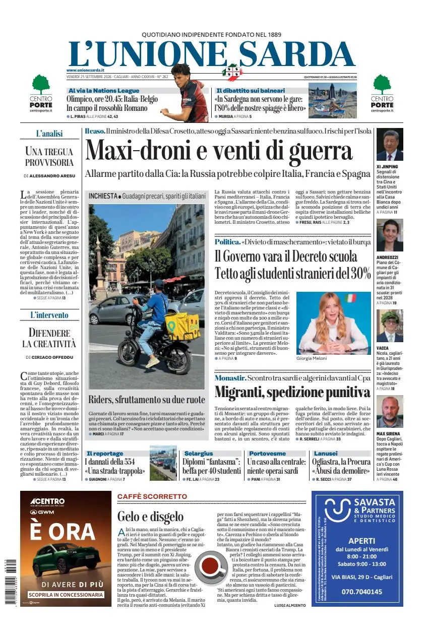 Prima-pagina-unione_sarda-edizione-di-oggi-25-09-2026